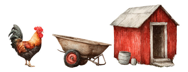 Rooster with Wheelbarrow and Red Barn Illustration