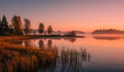 Fototapeta premium Misty sunrise over calm lake, trees reflected