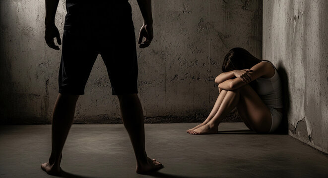 A child cowers in a corner, covering his head, while an adult stands menacingly over him. This is a powerful, dramatic depiction of child abuse, domestic violence, bullying, and human rights issues.