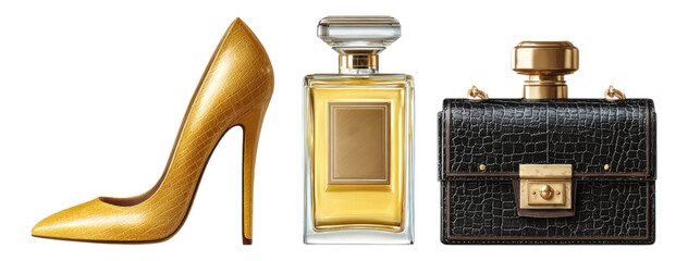 Elegant Yellow High Heel, Perfume Bottle, and Handbag