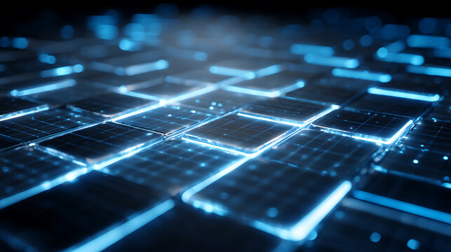 Represent an abstract chip interface using glowing blue grids