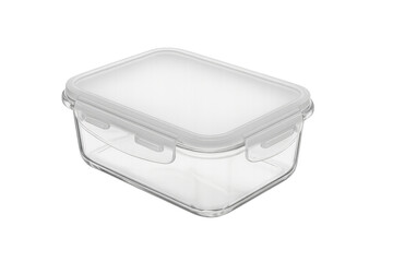 Empty glass airtight food container with plastic lid on transparent background