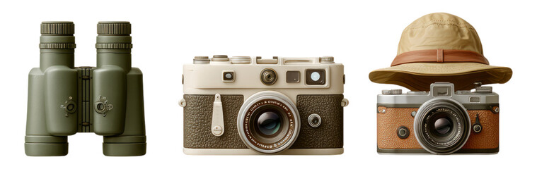 Vintage Camera and Binoculars with Safari Hat Isolated