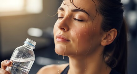 Woman's Face Covered in Sweat Drops, Holding Water Bottle After Intense Workout