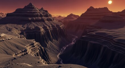 Layered Mountains and Canyon at Sunset, Alien Landscape