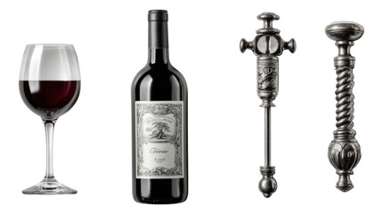 Glass of Red Wine with Bottle and Decorative Elements
