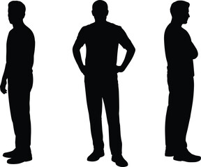 Standing Man Silhouettes, Male Figure in Various Poses, Adult Men with Arms Crossed and on Hips Vector Illustration