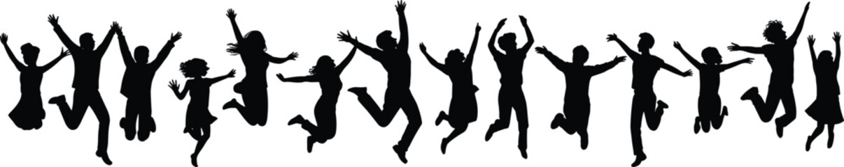 Group of Happy People Jumping, Diverse Adults and Children Celebrating Success with Joy, Cheerful Friends and Family Vector Illustration
