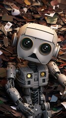 A sad looking robot is lying in a pile of trash and looking up with big eyes