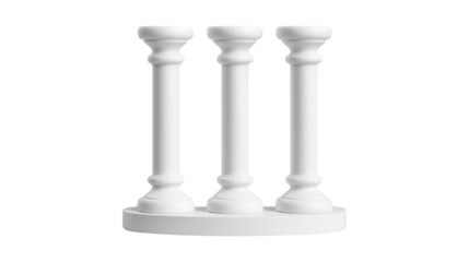 Three classical white columns standing on round base isolated on transparent background