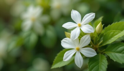 Fototapeta premium Tropical white frangipani flowers and yellow blossoms bloom in the garden, a beautiful symbol of summer nature