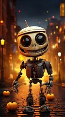 A whimsical robot pumpkin stands amidst a festive halloween night scene in the city