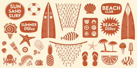 Collection of charming summer beach vacation icons and symbols in a rustic terracotta color palette