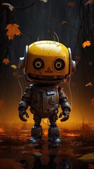 A whimsical robot stands amidst falling leaves in a vibrant autumn forest scene