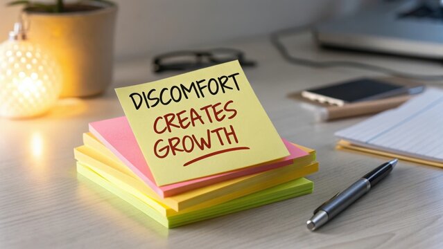 Bright Sticky Notes with Motivational Phrase About Growth and Change on a Modern Desk with Office Supplies - Powered by Adobe
