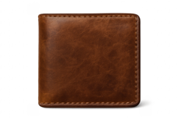 Brown leather wallet with visible stitches on transparent background