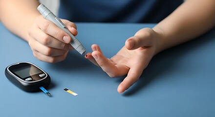 A person uses a glucose meter to check their blood sugar level by pricking their finger.