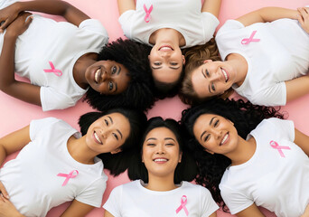 Diverse women in a circle with pink ribbons, symbolizing breast cancer awareness, support, and unity. Ideal for health campaigns, women's health, and charity.
