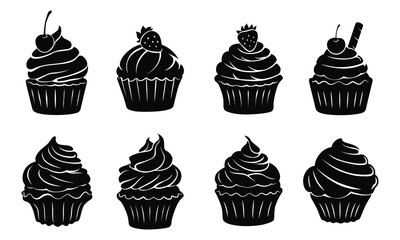 cupcake set collection pack bundle black shape icon silhouette vector flat illustration design on white background