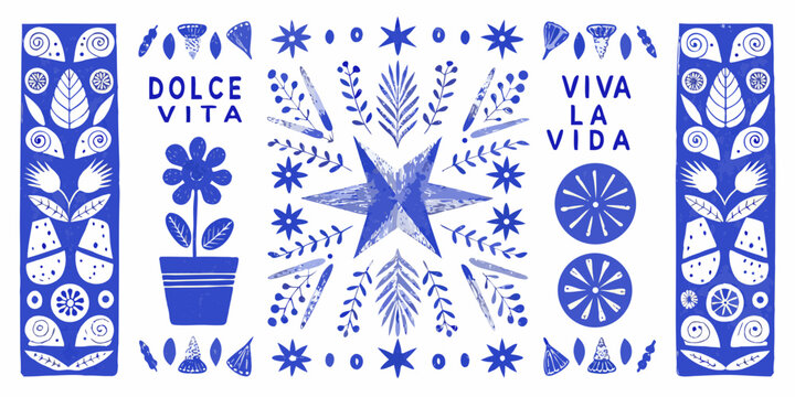 Vibrant blue and white folk art pattern with dolce vita and viva la vida text