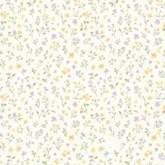 Sweet ditsy floral seamless pattern with tiny pastel wildflowers. A charming and delicate background for fabric, wallpaper, or scrapbooking.