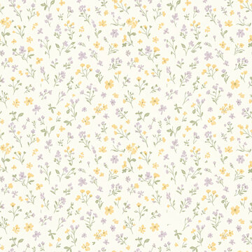 Sweet ditsy floral seamless pattern with tiny pastel wildflowers. A charming and delicate background for fabric, wallpaper, or scrapbooking.