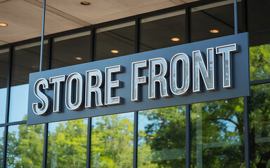 Hanging storefront sign above glass doors reflecting green trees and blue sky illustration