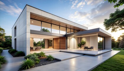 Modern minimalist concrete house with expansive windows, sleek design, and landscaped grounds at sunset.