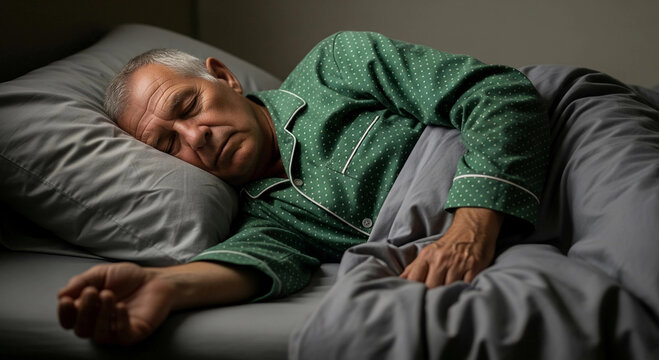 Relaxed senior man sleeping peacefully in his bed. This photo captures the tranquility of rest and is perfect for themes of sleep health, retirement, and peaceful living.