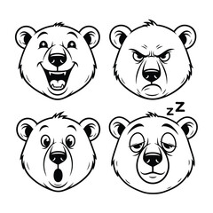 A set of four cartoon bear head illustrations with different facial expressions.
