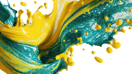 Vibrant yellow and teal paint splashes in dynamic motion