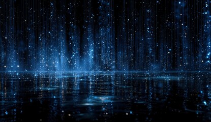 Abstract blue digital rain falling on reflective surface