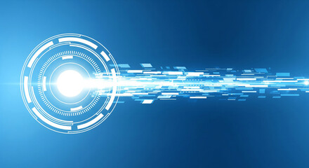 A futuristic circular HUD element emits a high-speed stream of blue data particles, a perfect abstract for technology, data transfer, and digital concepts