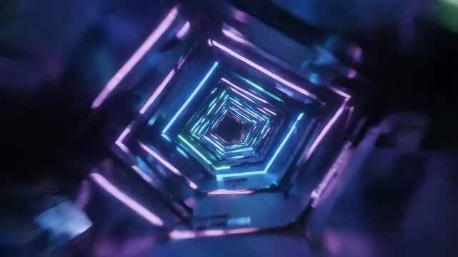 Seamlessly looping vibrant geometric light tunnel with sharp, angular movements architecture, infinite, flowing
