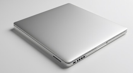 A closed silvertoned laptop sits diagonally on a flat neutral surface