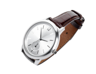 Classic Silver Watch with Brown Leather Strap PNG