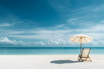 Fototapeta premium Serene beach scene featuring a parasol and chair against a vivid blue sky