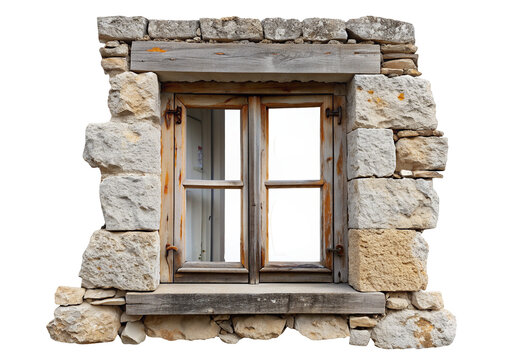 Rustic stone window with aged wood frame offers charming historic architectural focal point design