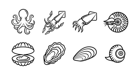 Naklejka premium Vector Set of Sea Creatures Octopus, Squid, Shellfish, and More