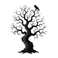 A spooky black gnarled tree with twisted curly branches and a perched raven silhouette.