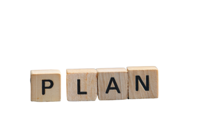 Wooden blocks spelling out the word "PLAN