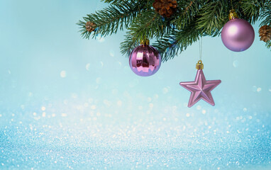 Christmas background with baubles and star on spruce branch with glitter bokeh