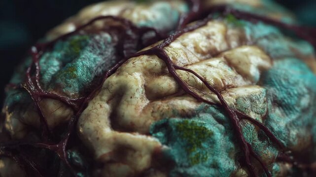 A brain with green and blue veins. The veins are red. The brain is covered in green moss. Cinematic horror closeup of zombie brain with decaying flesh and greenish mold, rotten horror dramatic style