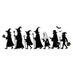 Black silhouette of a Halloween parade with witches a ghost and costumed characters trickortreating.