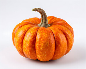 Fototapeta premium Ripe pumpkin sits on a white surface, casting a soft shadow, showcasing its vibrant orange color and textured skin in a simple studio shot.