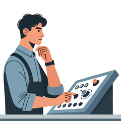 Illustration of a pensive man operating a control panel against a white background