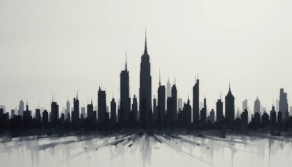 Obraz premium A minimalist drawing of a future city's silhouette, with sharp angles and soaring spires, casting a gentle shadow on a smooth white background.