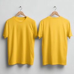 Bright Yellow T-Shirts Hanging on Wooden Hangers Against White Wall Apparel Mockup