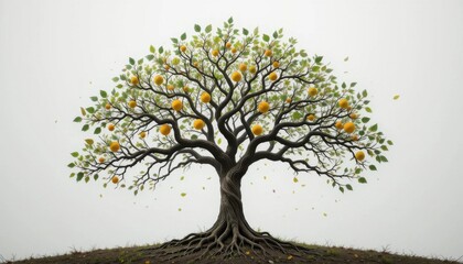 Obraz premium A surreal image of a single tree with branches that grow different types of leaves and fruits, each one representing a distinct school of thought, on a pure white backdrop.