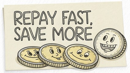 Cartoon coins with cheerful faces and a message promoting quick repayment and savings options for financial literacy and budgeting